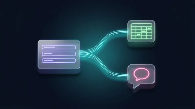 Form card splitting into a spreadsheet and a chat bubble